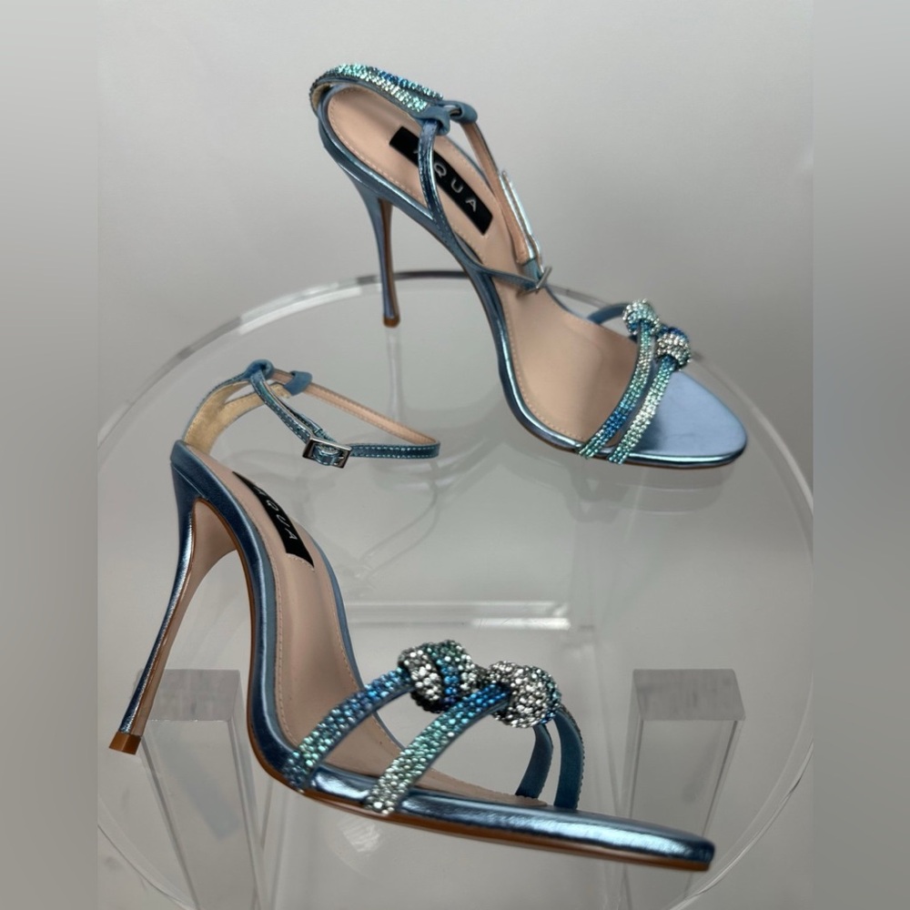 AQUA RHINESTONE STRAPY SANDAL HEELS - Picture 2 of 11